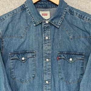 Levis Mens Western Denim Shirt Medium Wash Blue Pearl Snap Long Sleeve Small